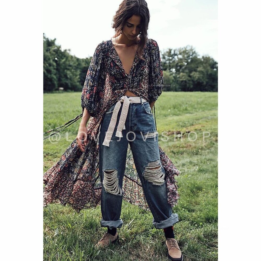 Bohemian | Free People Western Floral Maxi Dress | CottageCore Prairie Blue NWT - Picture 4 of 5